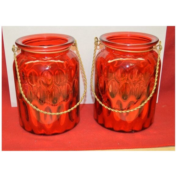 Set of 2 Red Mirrored Candle Holders +Wire Handle Home Décor ~5-7/8" T x 4-1/4" - Picture 1 of 4